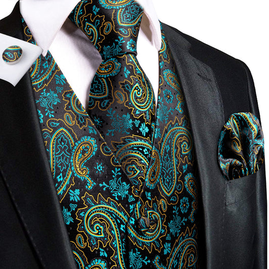 Black Lake Blue Paisley Jacquard Silk Men's Vest Set vest set S (Chest 40")   - Sophisticated Gentlemen