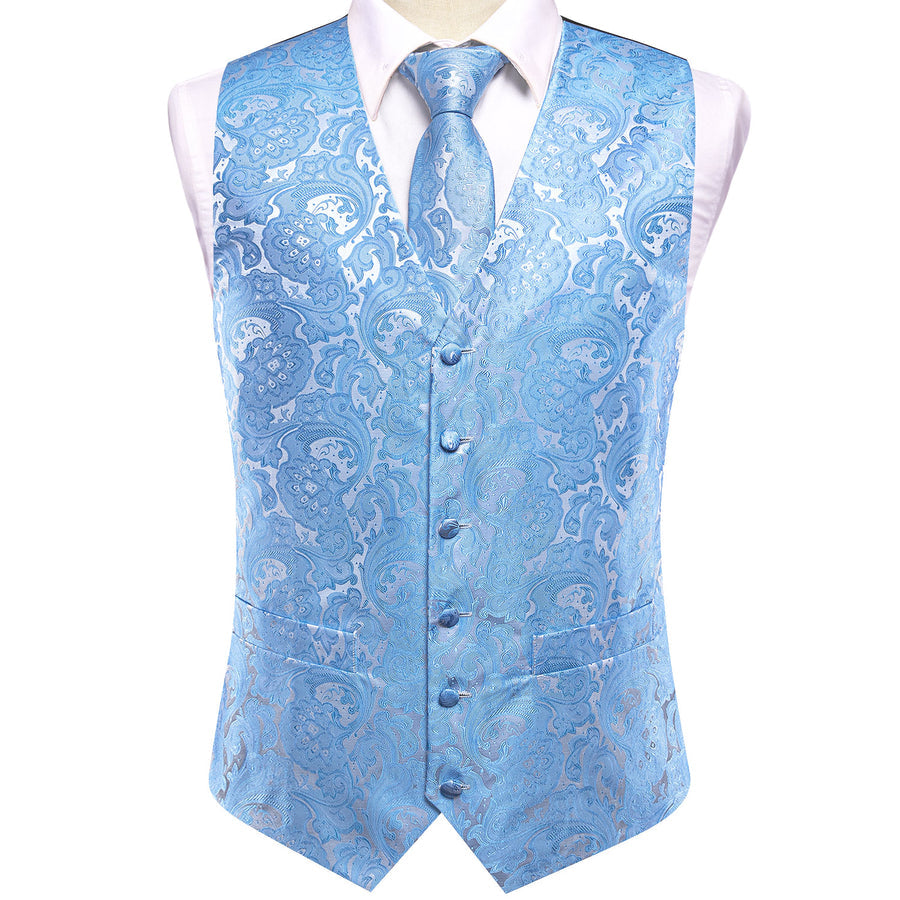 Sky Blue Paisley Jacquard Silk Vest Set vest set - Sophisticated Gentlemen