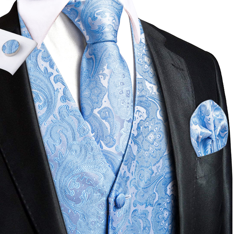 Sky Blue Paisley Jacquard Silk Vest Set vest set S (Chest 40") - Sophisticated Gentlemen