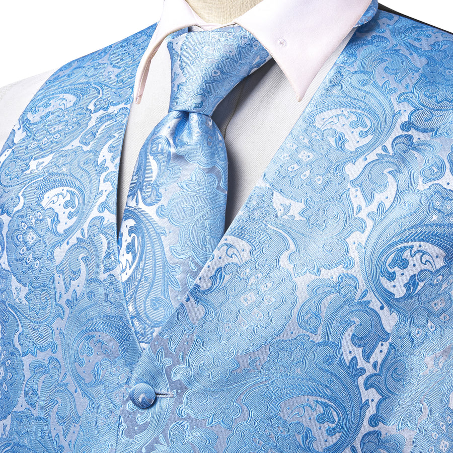 Sky Blue Paisley Jacquard Silk Vest Set vest set - Sophisticated Gentlemen
