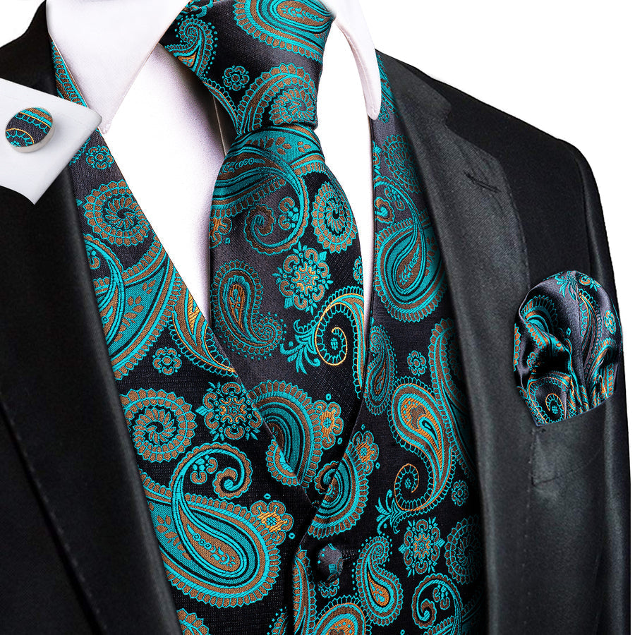 Black Green Paisley Jacquard Silk Men's Vest Set vest set S (Chest 40") - Sophisticated Gentlemen