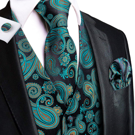 Black Green Paisley Jacquard Silk Men's Vest Set vest set S (Chest 40")   - Sophisticated Gentlemen