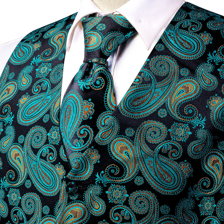 Black Green Paisley Jacquard Silk Men's Vest Set vest set - Sophisticated Gentlemen