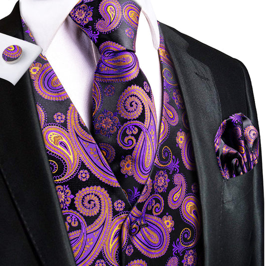 Black Purple Paisley Jacquard Silk Men's Vest Set vest set S (Chest 40")   - Sophisticated Gentlemen