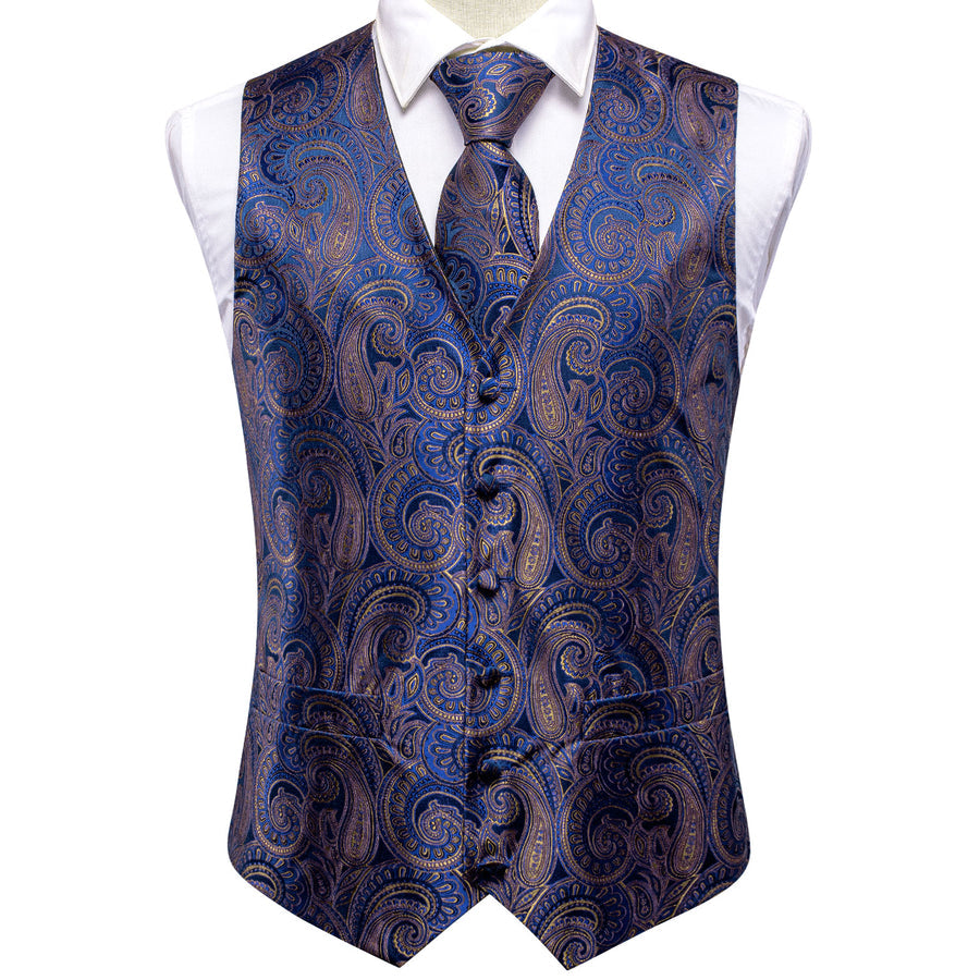 Blue Brown Paisley Jacquard Silk Vest Set vest set - Sophisticated Gentlemen