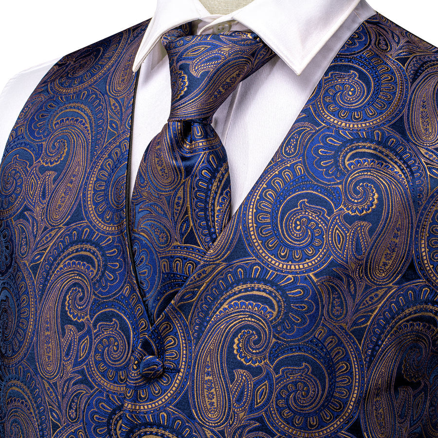 Blue Brown Paisley Jacquard Silk Vest Set vest set - Sophisticated Gentlemen