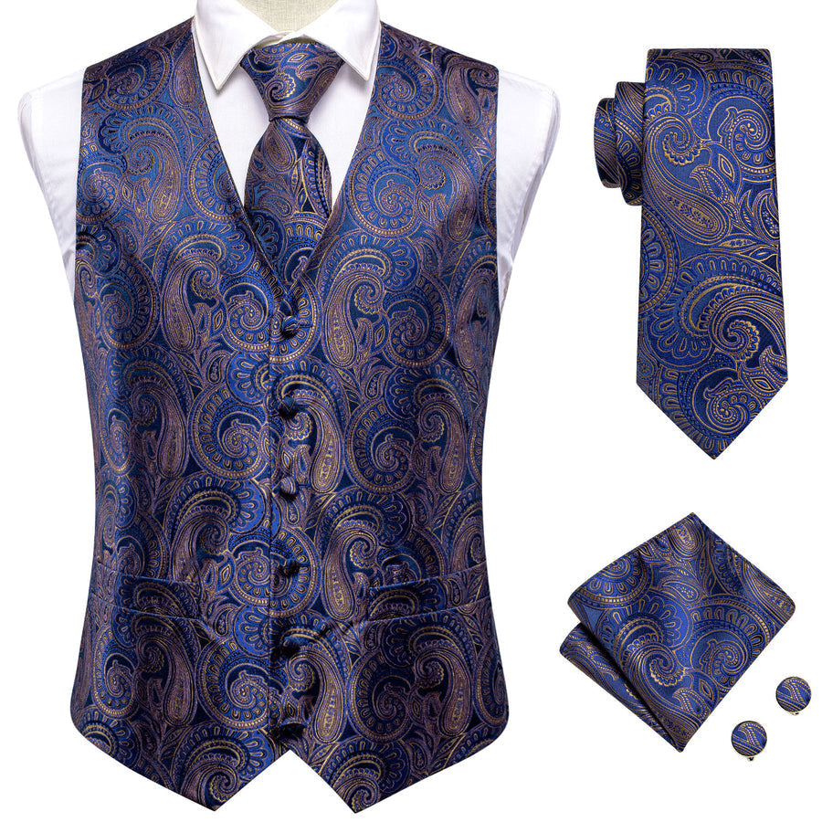 Blue Brown Paisley Jacquard Silk Vest Set vest set - Sophisticated Gentlemen