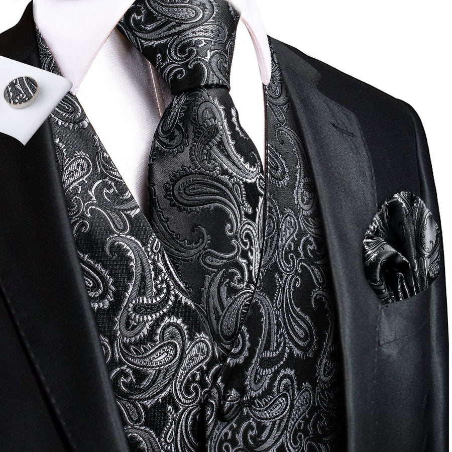 Silver Black Paisley Jacquard Silk Vest Set vest set S (Chest 40") - Sophisticated Gentlemen