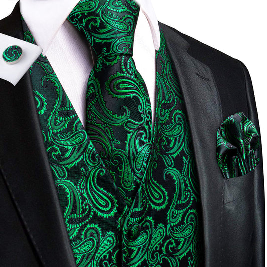 Dark Green Paisley Jacquard Silk Men's Vest Set vest set S (Chest 40")   - Sophisticated Gentlemen