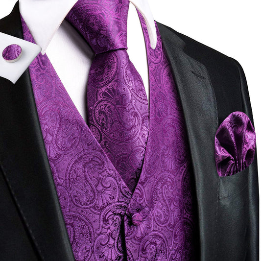 Dark Purple Paisley Jacquard Silk Men's Vest Set vest set S (Chest 40")   - Sophisticated Gentlemen