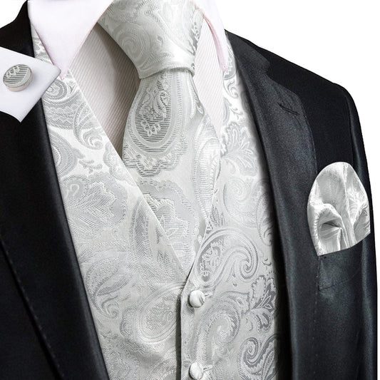 Gray White Silk Men's Vest Set vest set S (Chest 40")   - Sophisticated Gentlemen