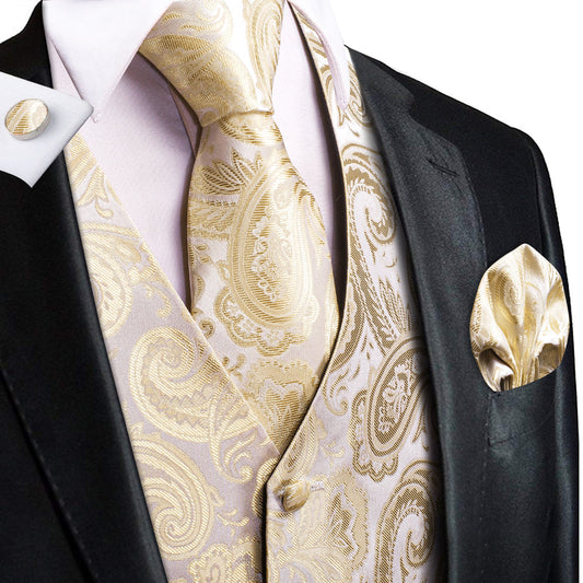 Champagne Beige Paisley Jacquard Silk Vest Set vest set S (Chest 40")   - Sophisticated Gentlemen