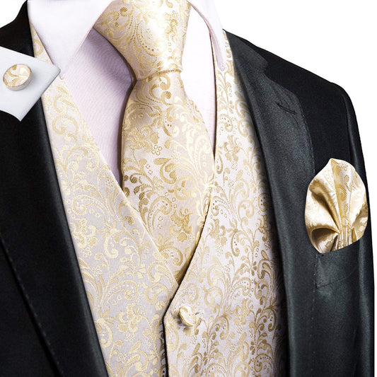 Champagne Beige Floral Jacquard Silk Vest Set vest set S (Chest 40")   - Sophisticated Gentlemen