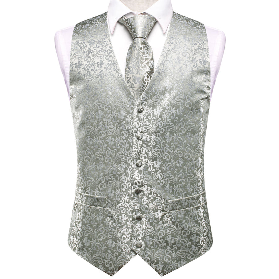 Silver Gray Floral Jacquard Silk Vest Set vest set - Sophisticated Gentlemen