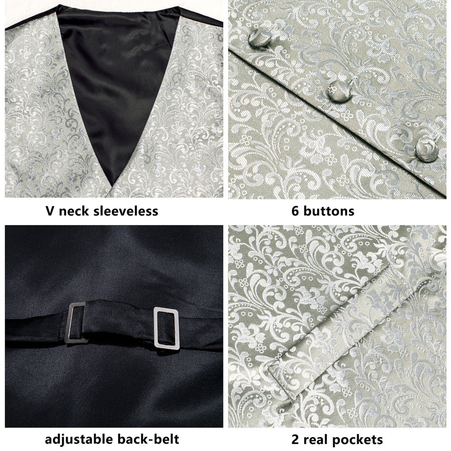 Silver Gray Floral Jacquard Silk Vest Set vest set - Sophisticated Gentlemen