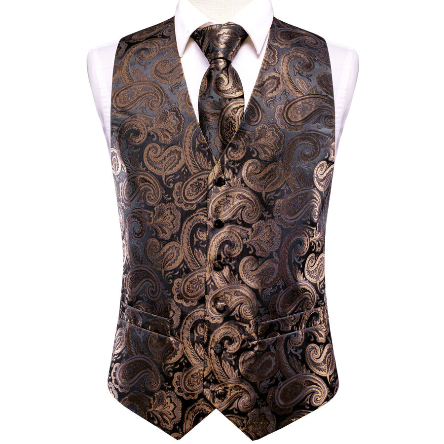 Black Brown Paisley Jacquard Silk Men's Vest Set vest set - Sophisticated Gentlemen