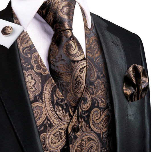 Black Brown Paisley Jacquard Silk Men's Vest Set vest set S (Chest 40")   - Sophisticated Gentlemen