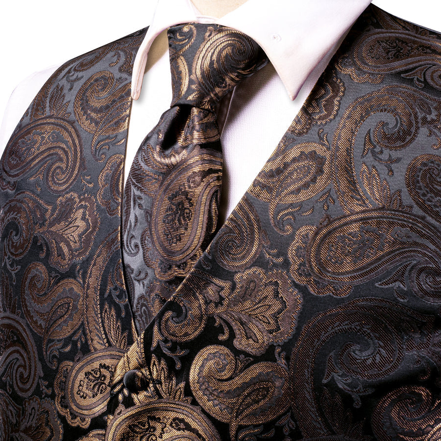 Black Brown Paisley Jacquard Silk Men's Vest Set vest set - Sophisticated Gentlemen