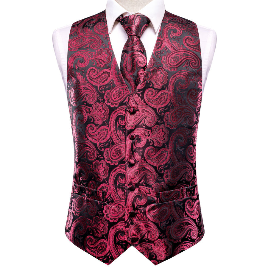 Dark Red Paisley Jacquard Silk Vest Set vest set - Sophisticated Gentlemen