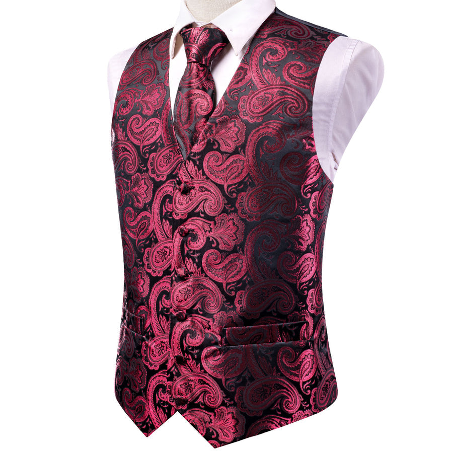 Dark Red Paisley Jacquard Silk Vest Set vest set - Sophisticated Gentlemen