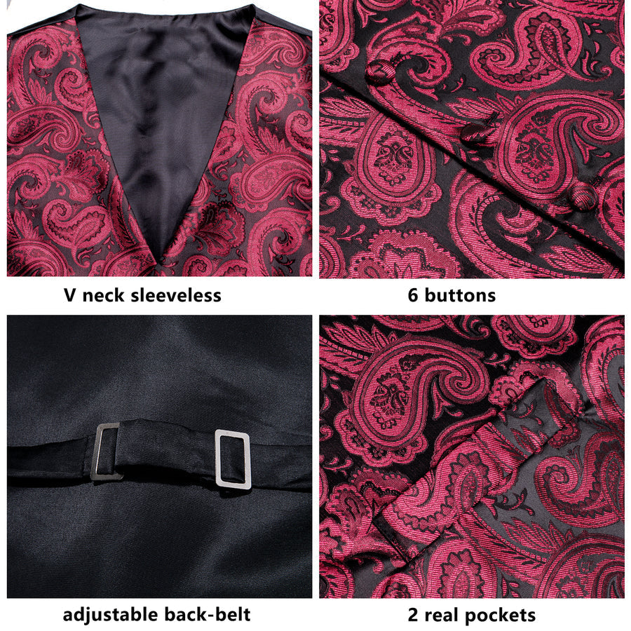 Dark Red Paisley Jacquard Silk Vest Set vest set - Sophisticated Gentlemen