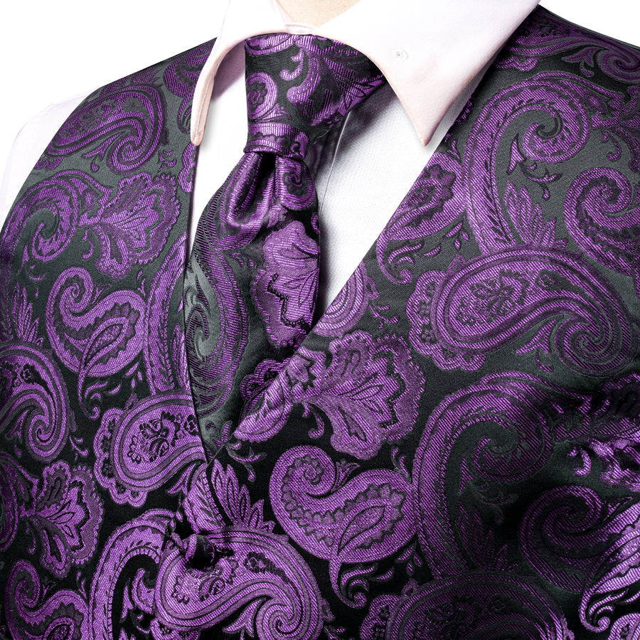 Black Purple Paisley Jacquard Silk Vest Set vest set - Sophisticated Gentlemen