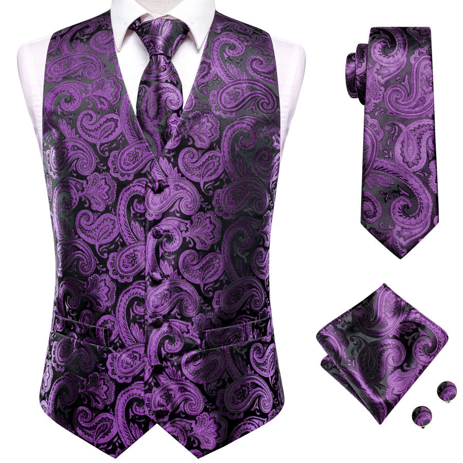 Black Purple Paisley Jacquard Silk Vest Set vest set - Sophisticated Gentlemen
