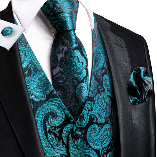 Black Lake Blue Paisley Jacquard Silk Men's Vest Set vest set S (Chest 40")   - Sophisticated Gentlemen