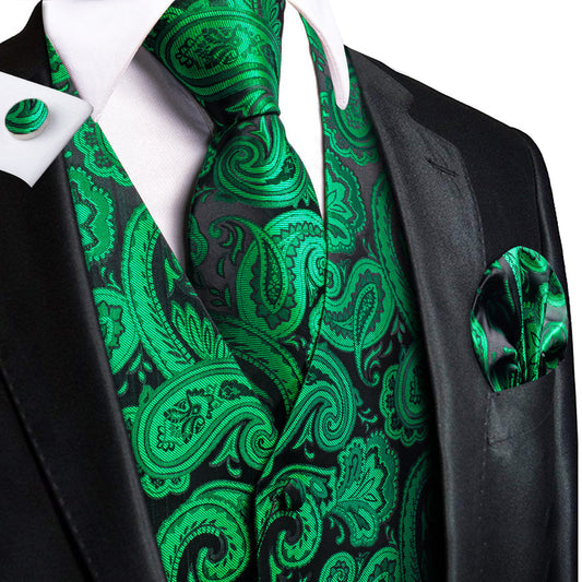 Black Green Paisley Jacquard Silk Men's Vest Set vest set S (Chest 40")   - Sophisticated Gentlemen