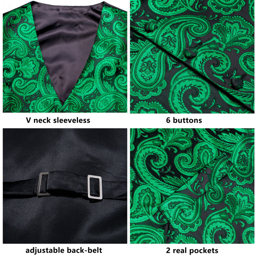 Black Green Paisley Jacquard Silk Men's Vest Set vest set - Sophisticated Gentlemen