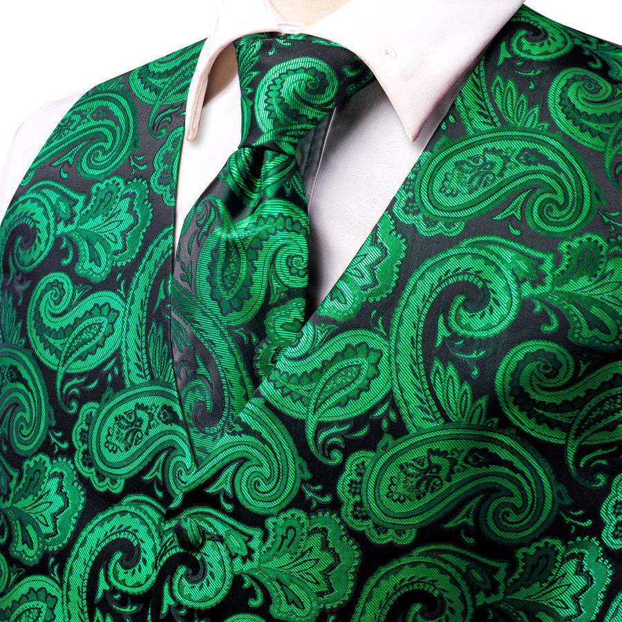 Black Green Paisley Jacquard Silk Men's Vest Set vest set - Sophisticated Gentlemen
