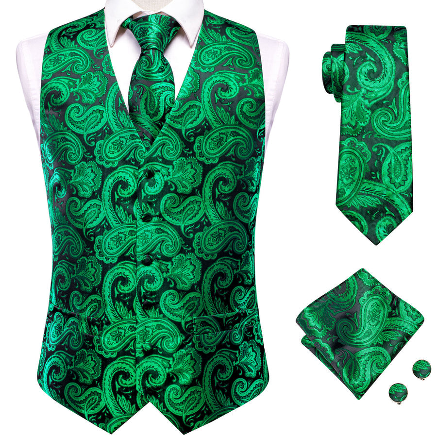 Black Green Paisley Jacquard Silk Men's Vest Set vest set - Sophisticated Gentlemen