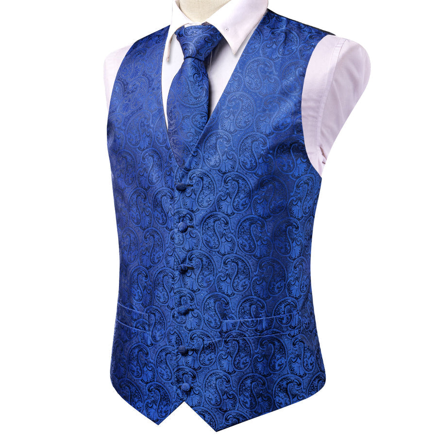 Royal Blue Paisley Jacquard Silk Vest Set vest set - Sophisticated Gentlemen