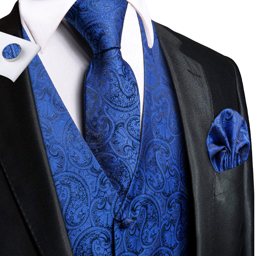 Royal Blue Paisley Jacquard Silk Vest Set vest set S (Chest 40") - Sophisticated Gentlemen