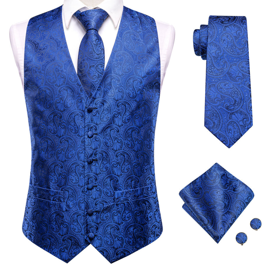Royal Blue Paisley Jacquard Silk Vest Set vest set - Sophisticated Gentlemen