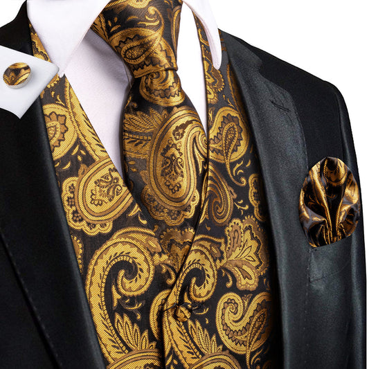 Brown Golden Paisley Jacquard Silk Men's Vest Set vest set S (Chest 40")   - Sophisticated Gentlemen