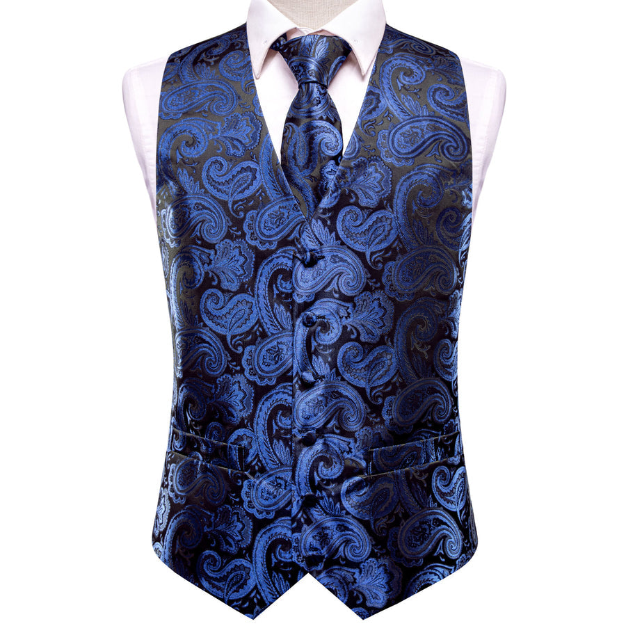 Black Blue Paisley Jacquard Silk Vest Set vest set - Sophisticated Gentlemen