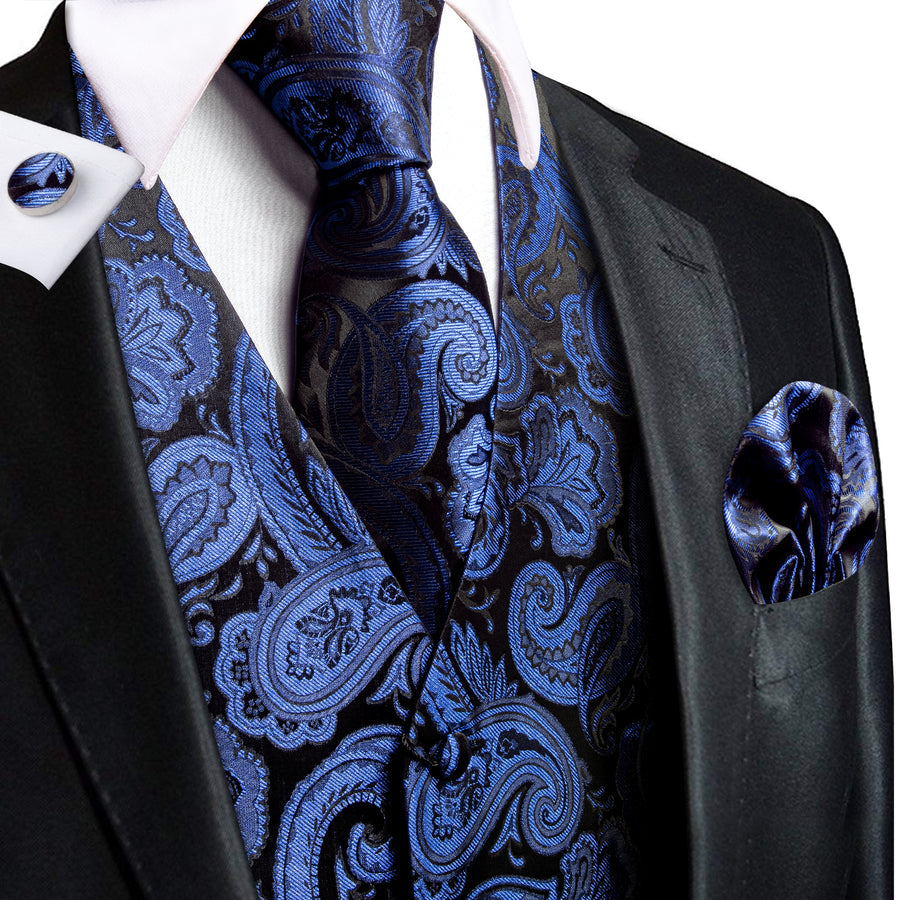 Black Blue Paisley Jacquard Silk Vest Set vest set S (Chest 40") - Sophisticated Gentlemen