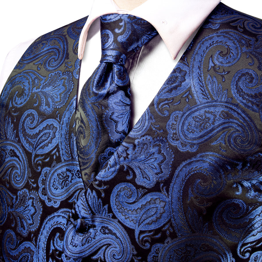 Black Blue Paisley Jacquard Silk Vest Set vest set - Sophisticated Gentlemen