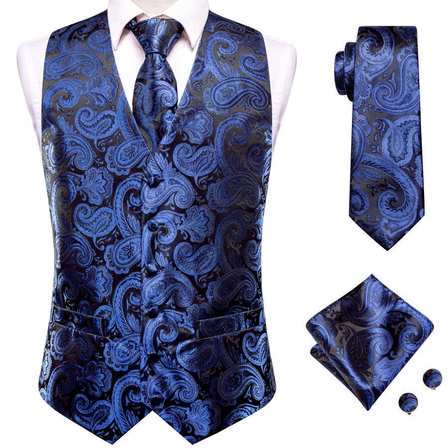 Black Blue Paisley Jacquard Silk Vest Set vest set - Sophisticated Gentlemen