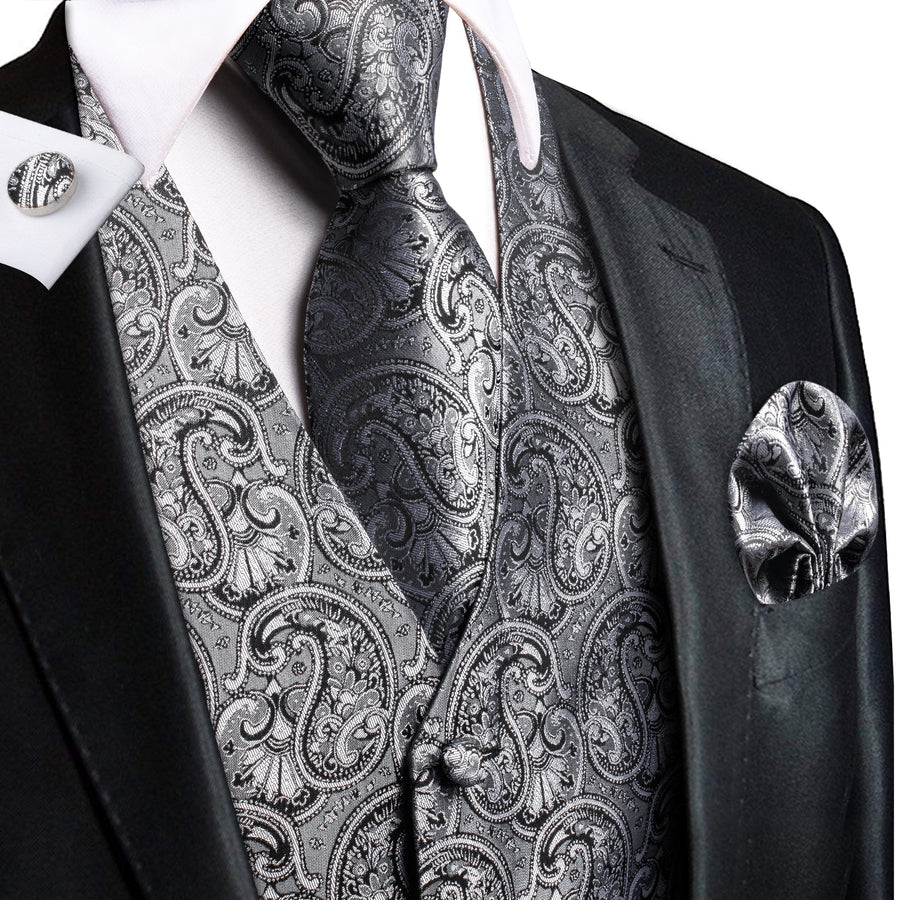Silver Gray Paisley Jacquard Silk Vest Set vest set S (Chest 40") - Sophisticated Gentlemen