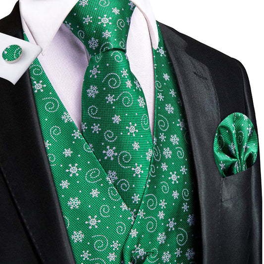Green White Snowflake Novelty Jacquard Silk Men's Vest Set vest set S (Chest 40")   - Sophisticated Gentlemen