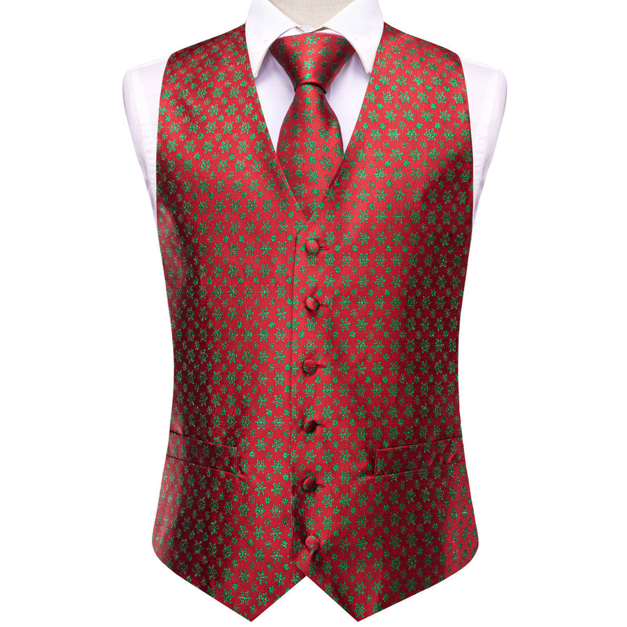 Red Green SnowFlake Novelty Jacquard Silk Vest Set vest set - Sophisticated Gentlemen