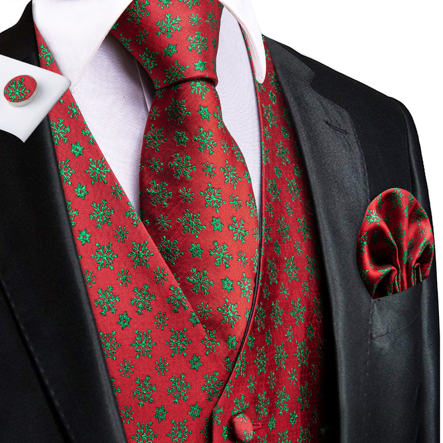 Red Green SnowFlake Novelty Jacquard Silk Vest Set vest set S (Chest 40") - Sophisticated Gentlemen