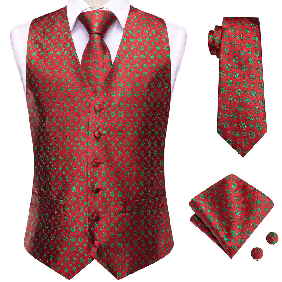 Red Green SnowFlake Novelty Jacquard Silk Vest Set vest set - Sophisticated Gentlemen
