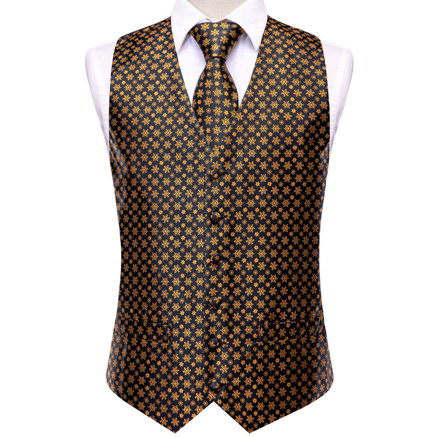 Black Golden SnowFlake Novelty Jacquard Silk Men's Vest Set vest set - Sophisticated Gentlemen