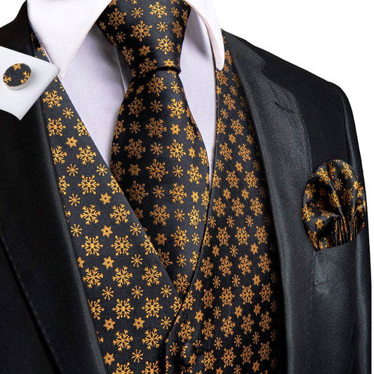 Black Golden SnowFlake Novelty Jacquard Silk Men's Vest Set vest set S (Chest 40")   - Sophisticated Gentlemen