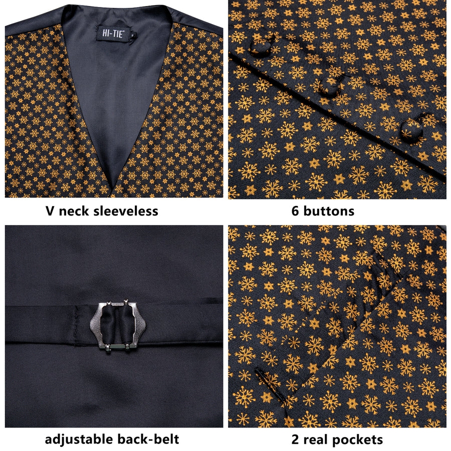 Black Golden SnowFlake Novelty Jacquard Silk Men's Vest Set vest set - Sophisticated Gentlemen