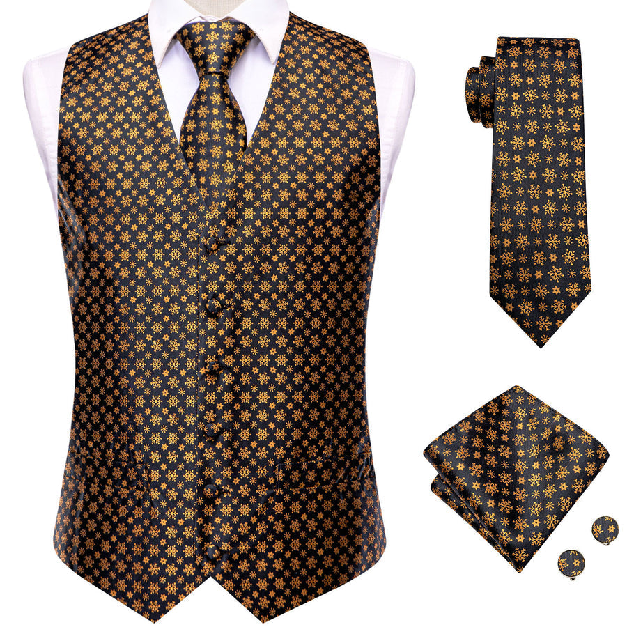 Black Golden SnowFlake Novelty Jacquard Silk Men's Vest Set vest set - Sophisticated Gentlemen