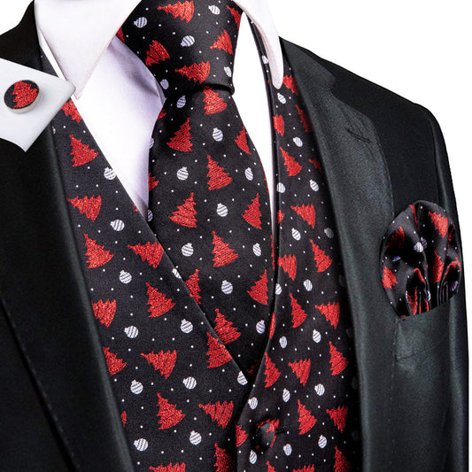 Black Red Tree Christmas Novelty Jacquard Silk Men's Vest Set vest set S (Chest 40")   - Sophisticated Gentlemen